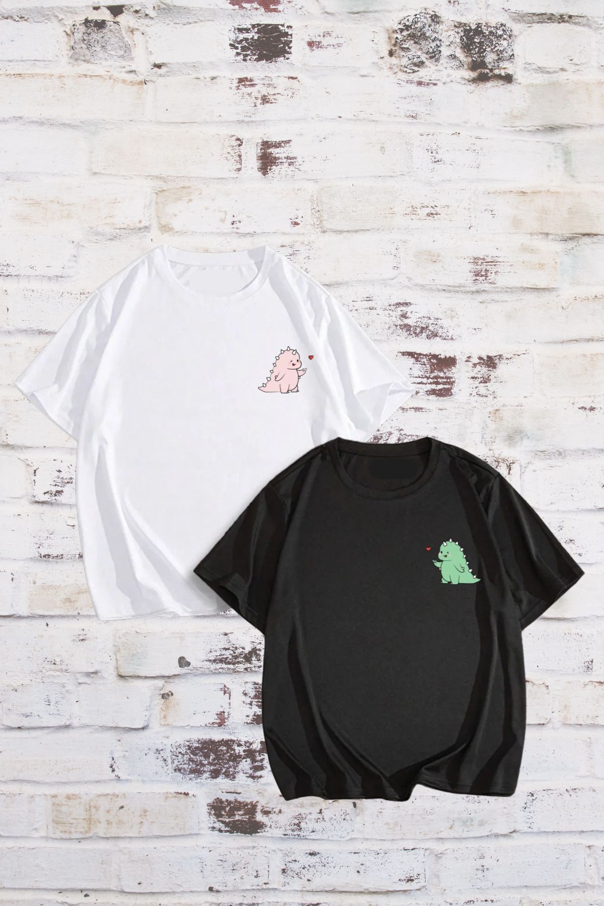 FECCY Pamuklu Dino Baskılı İkili Oversize Sevgili Tshirt