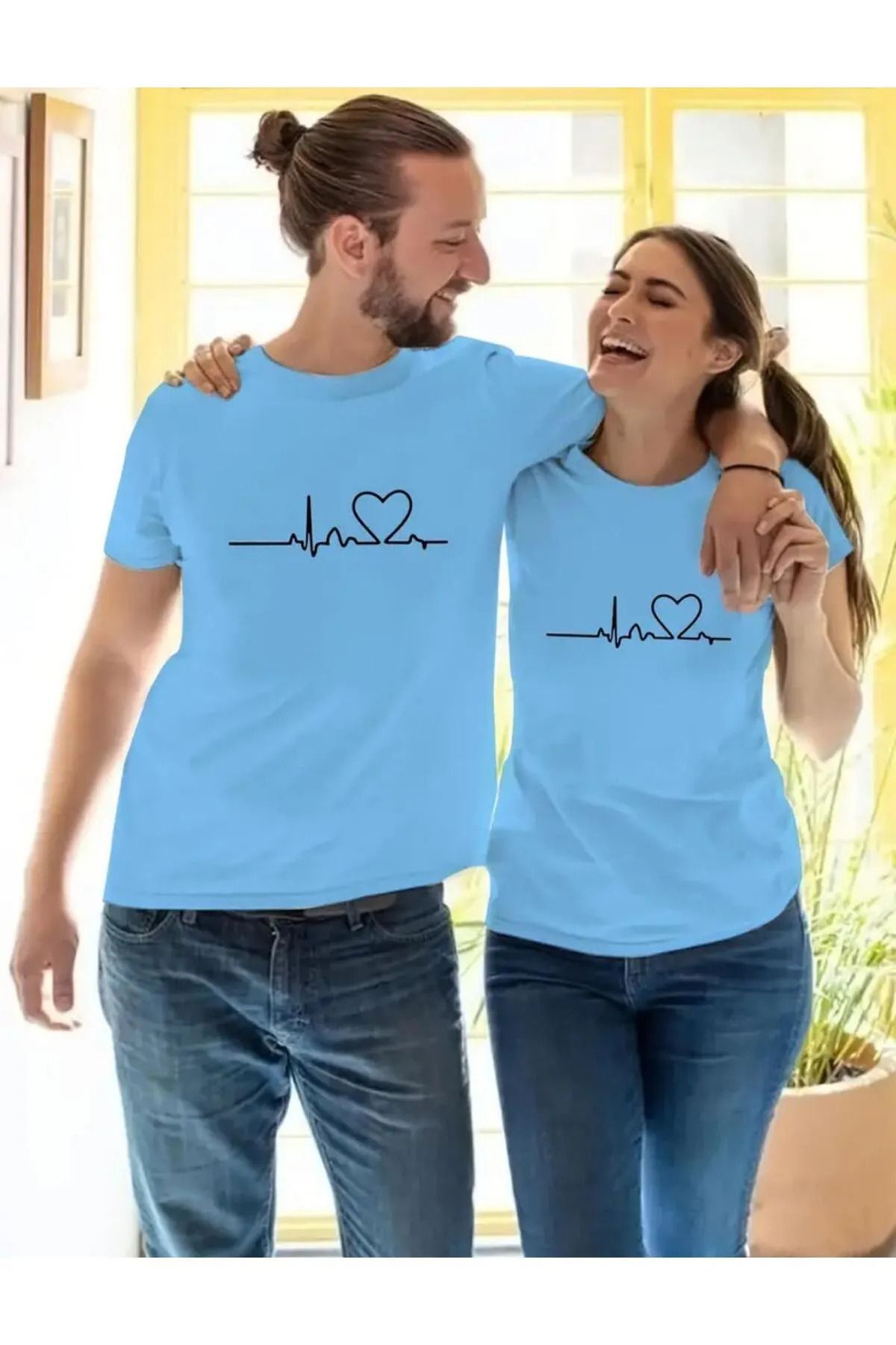 Wish BF Kalp Ritmi 2Li Sevgili Kombin Baskılı Pamuk Penye T-shirt