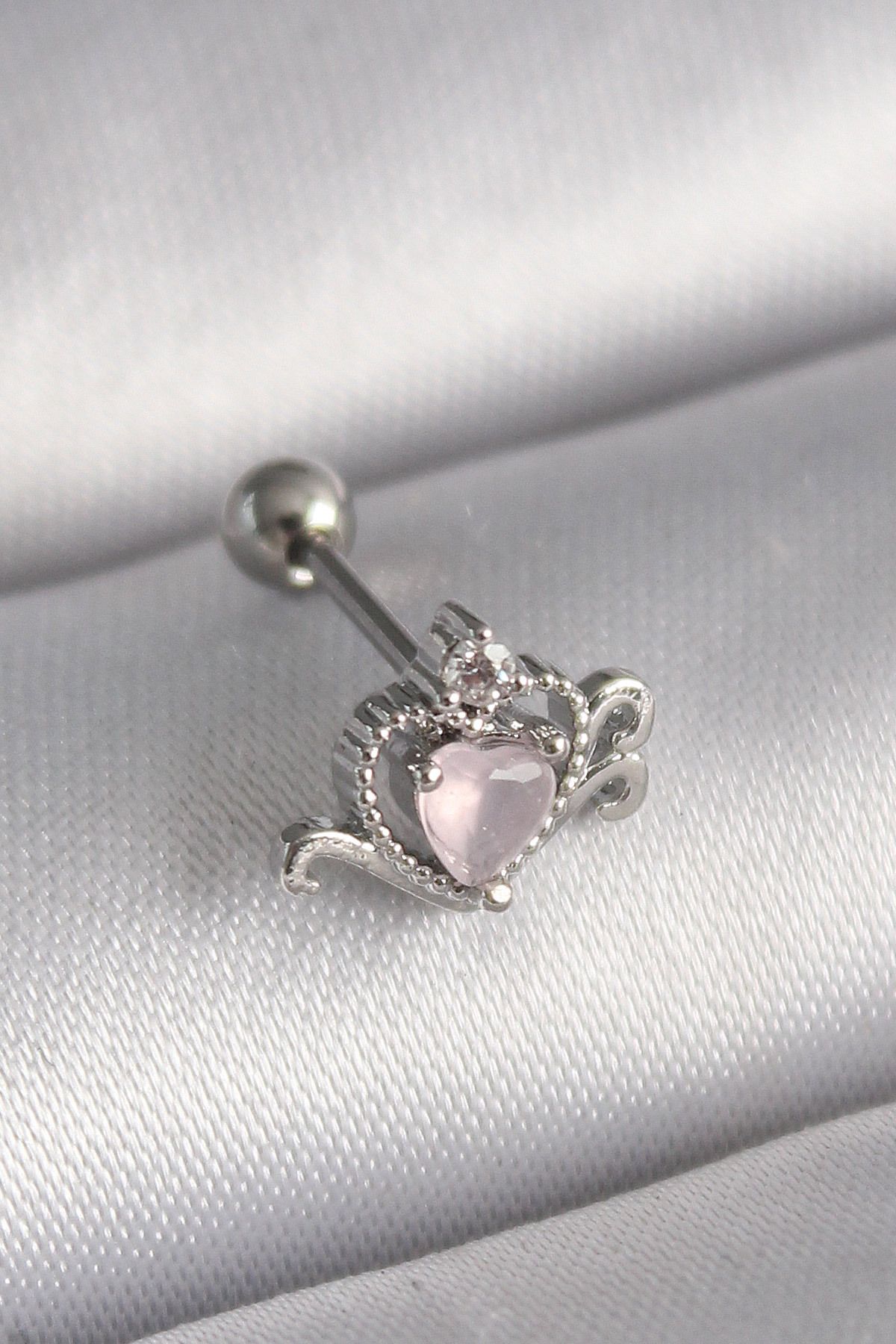 feifei 316L Çelik Gümüş Renk Pembe Mineli Kalp Zirkon Taş Detay Tragus Piercing - Lisinya