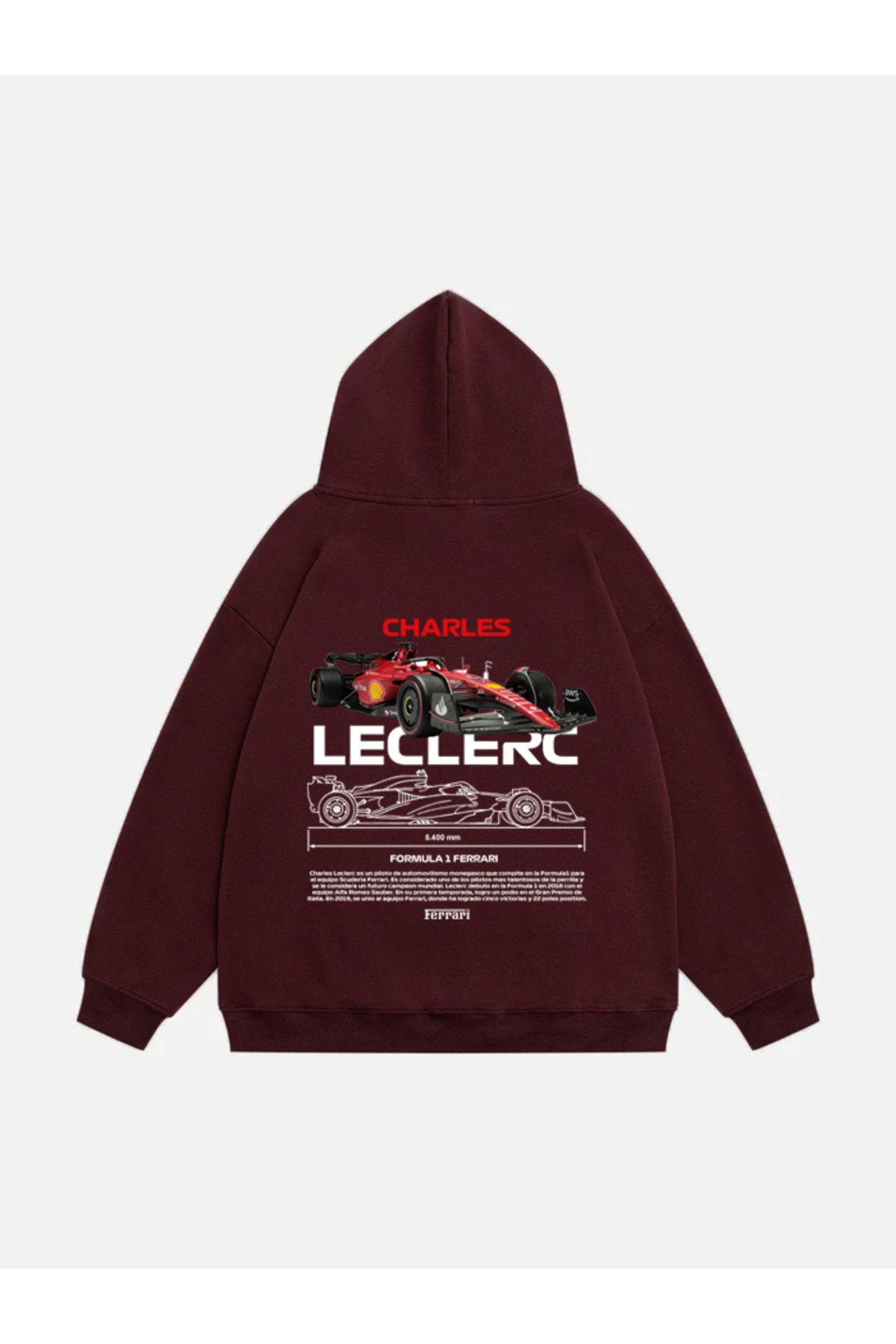 Mad&Calf Unisex Charles Leclerc Baskılı Kapüşonlu Polarlı Oversize Sweatshirt