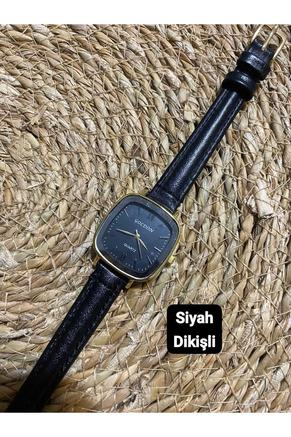 Brality Yeni Moda Vintage Oval Kare Kadın Kol Saati-Gold Kasa-Siyah Kadran-Siyah Dikişli-0087