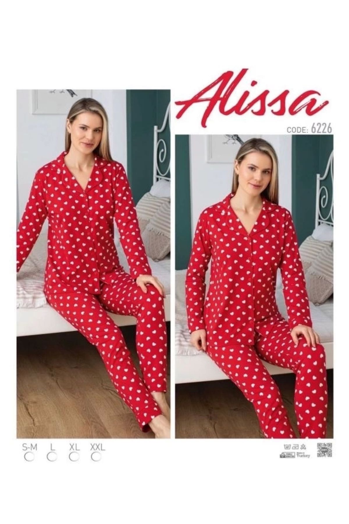 Moon wear Alissa 6226 Önü Düğmeli Kalp Desenli Uzun Kol  Pijama Takımı