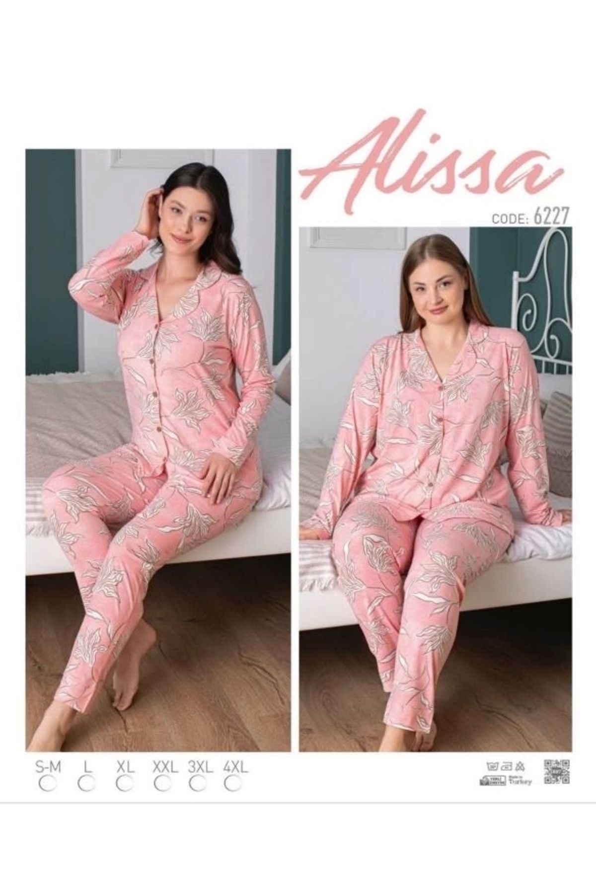 Moon wear Alissa 6227 Önü Düğmeli Yaprak Desenli Uzun Kol  Pijama Takımı