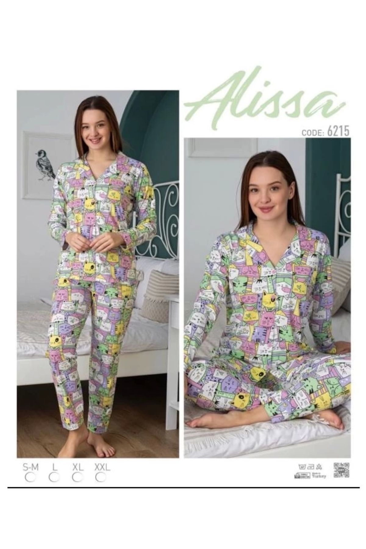 Moon wear Alissa 6215 Önü Düğmeli Desenli Uzun Kol  Pijama Takımı