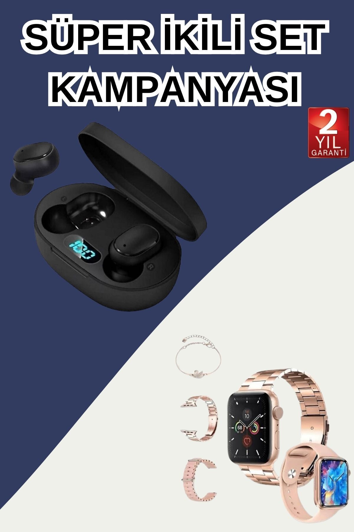Tradivent Nabız Ölçer Hediye Bileklikli Akıllı Saat ve Dijital Göstergeli Bluetooth Kulaklık Çoklu Şarj Girişi
