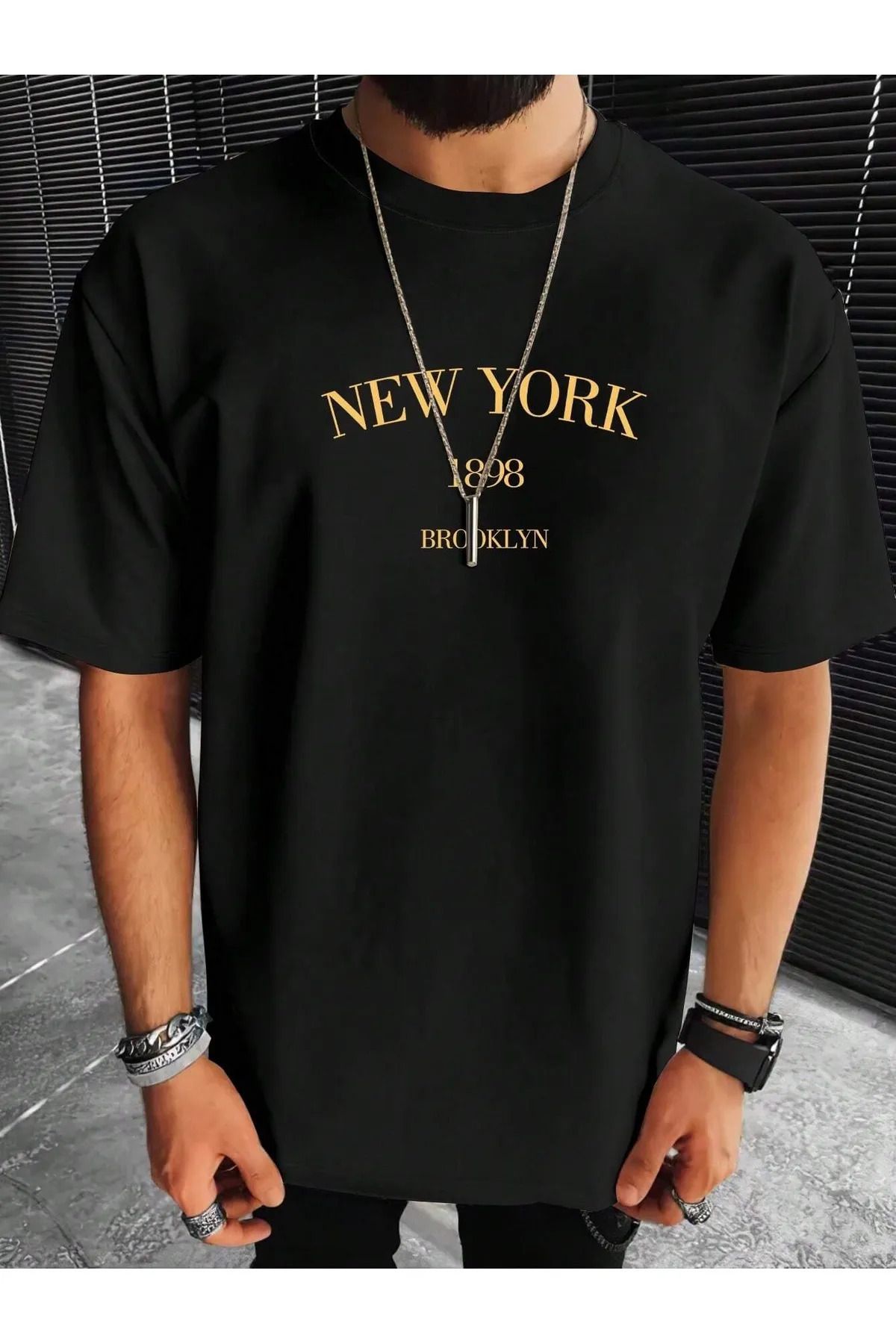 Baxia NEW YORK 1898 Tişört - Beyaz Baskılı Oversize Yazlık Kısa Kol T-Shirt Bisiklet Yaka