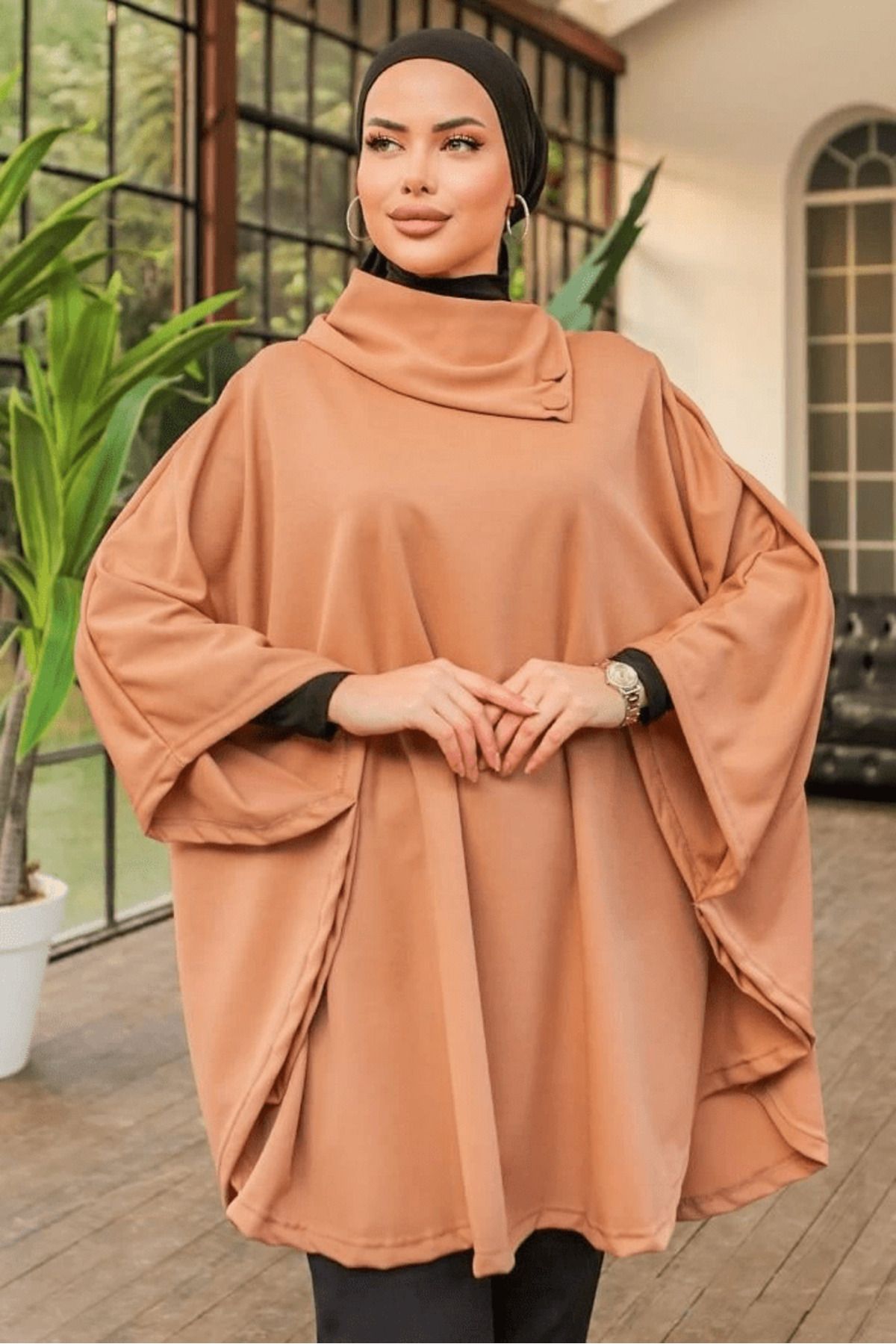 NEZADE STORE-Stylish Design Beige Shawl Collar Poncho with Button Detail 1