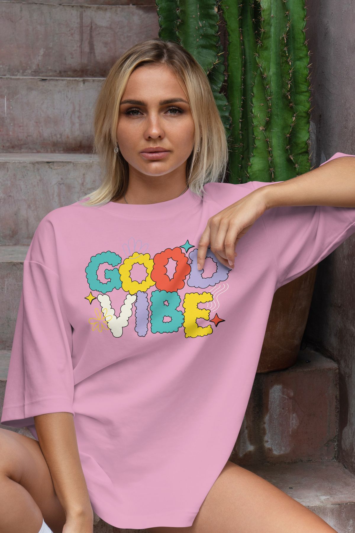 cc collection Good Vibe Baskılı Kadın Oversize T-Shirt