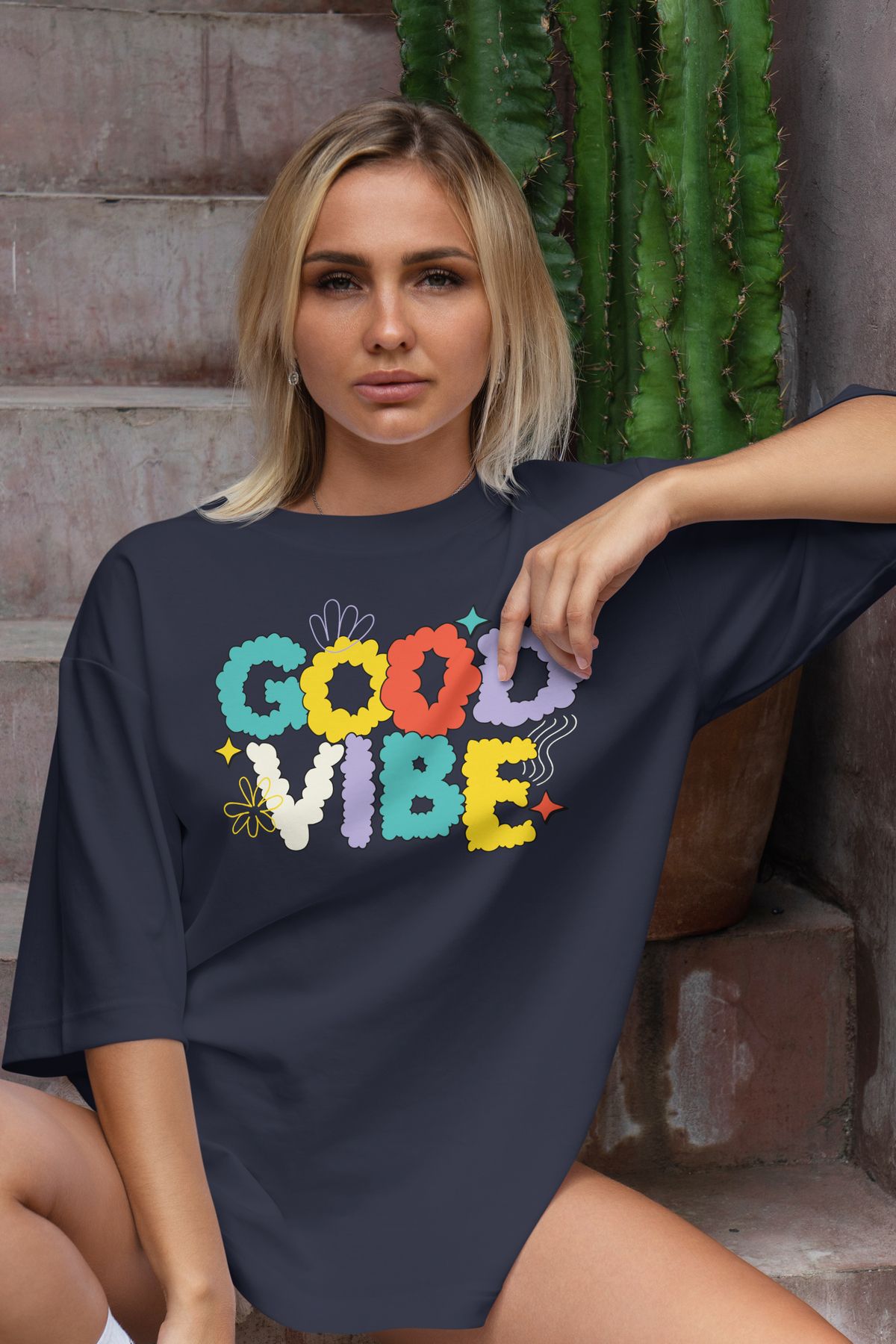 cc collection Good Vibe Baskılı Kadın Oversize T-Shirt