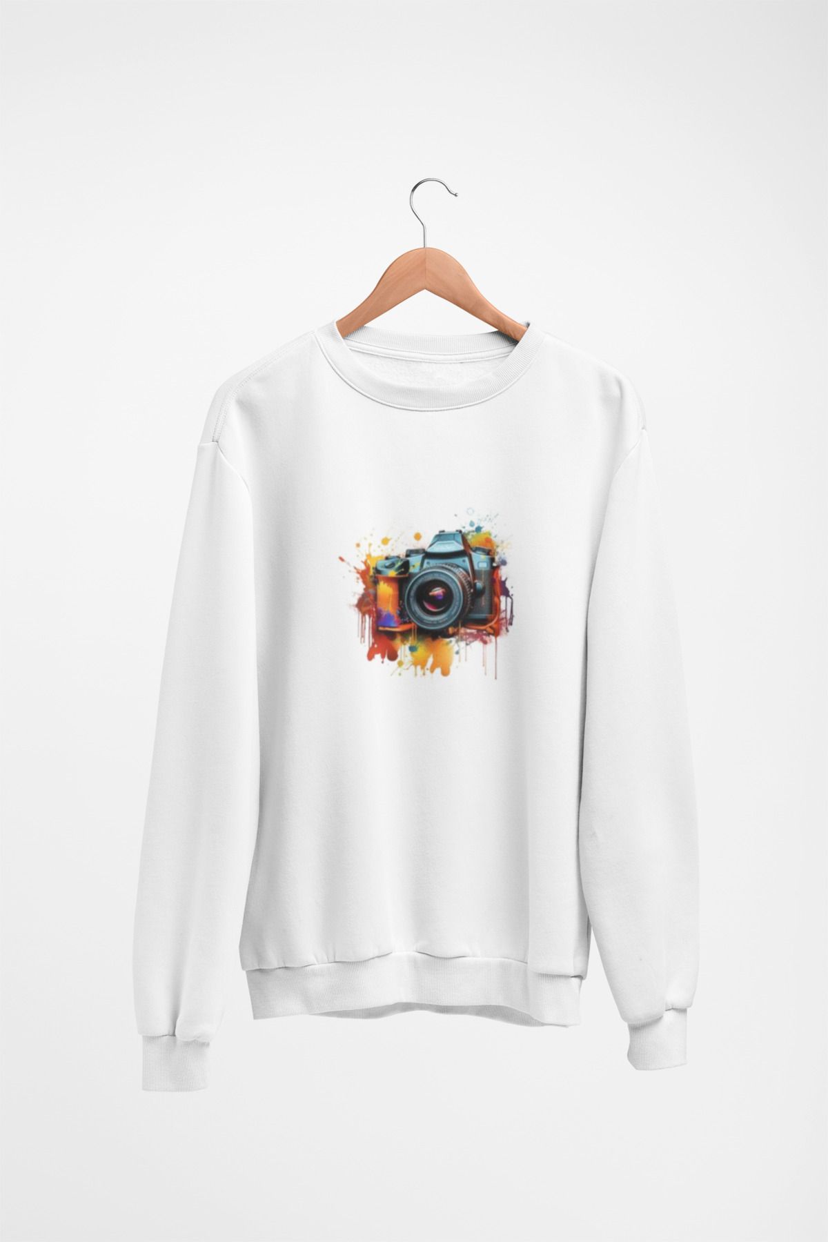 Butik Unisex Uzun Kol FOTOĞRAF MAKİNESİ Transfer Baskılı Bisiklet Yakalı Sweatshirt