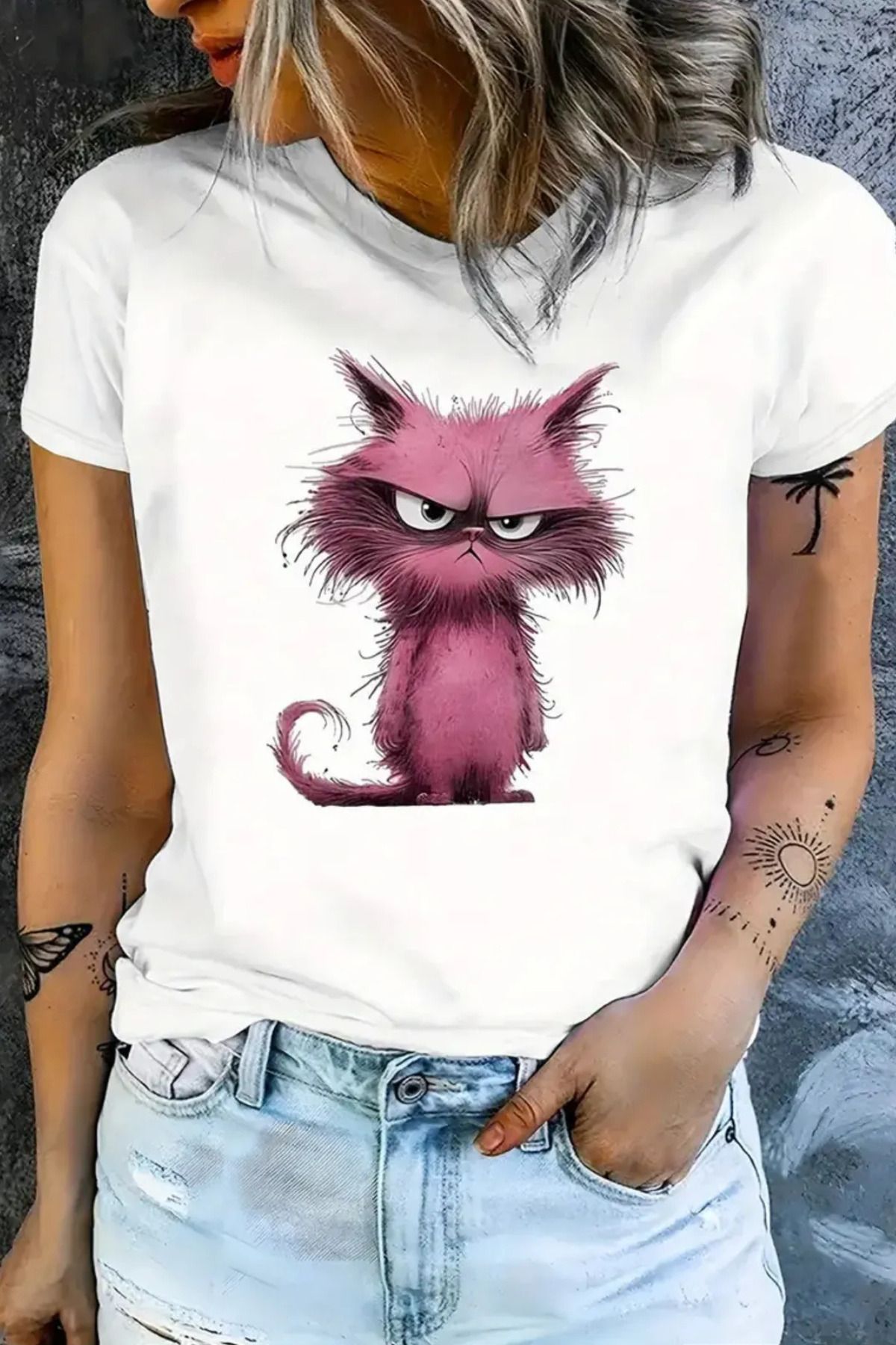 FECCY Pamuklu Pembe Kedi Baskılı T-shirt