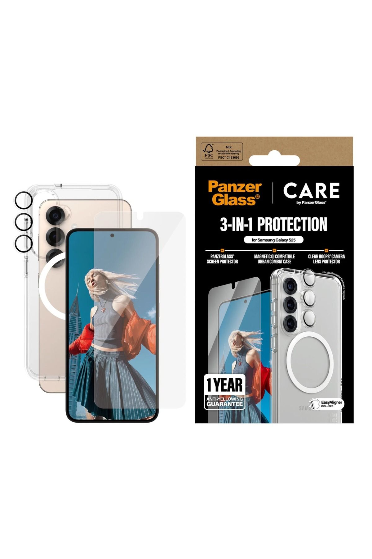 PanzerGlass CARE, Samsung S25, 3-in-1 Bundle, Ekran, Kamera Koruyucu, QI Kılıf,