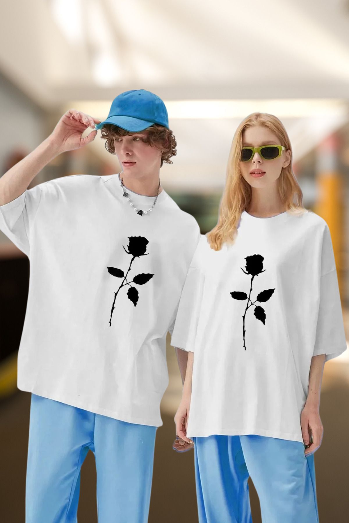 Wish BF Unisex Sevgili Kombini Gül Tasarım Oversize Tshirt 2'li Set