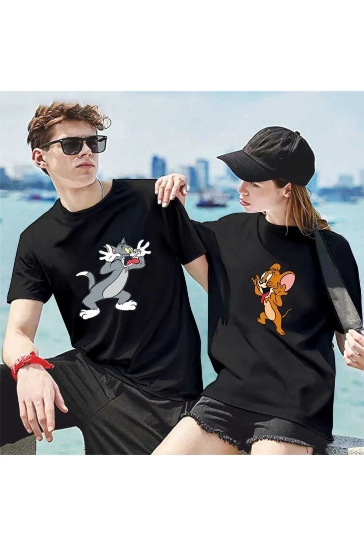 FECCY Pamuklu Tom Ve Jerry Tasarım Sevgili Çift Kombini Beyaz Oversize Tshirt 2'li Set