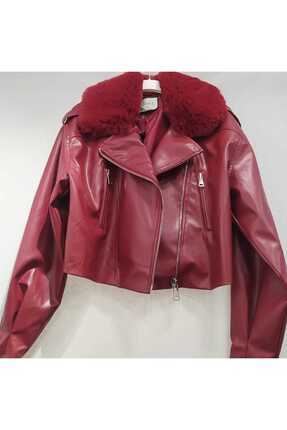 Göker Bordo Kürk Yaka Kısa Deri Ceket Mont