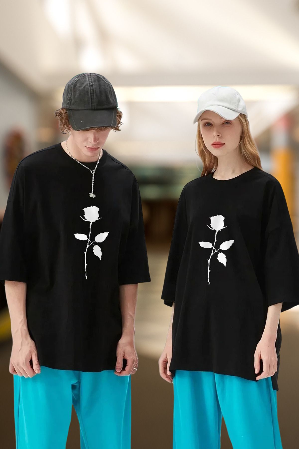 Wish BF Unisex Sevgili Kombini Gül Tasarım Oversize Tshirt 2'li Set