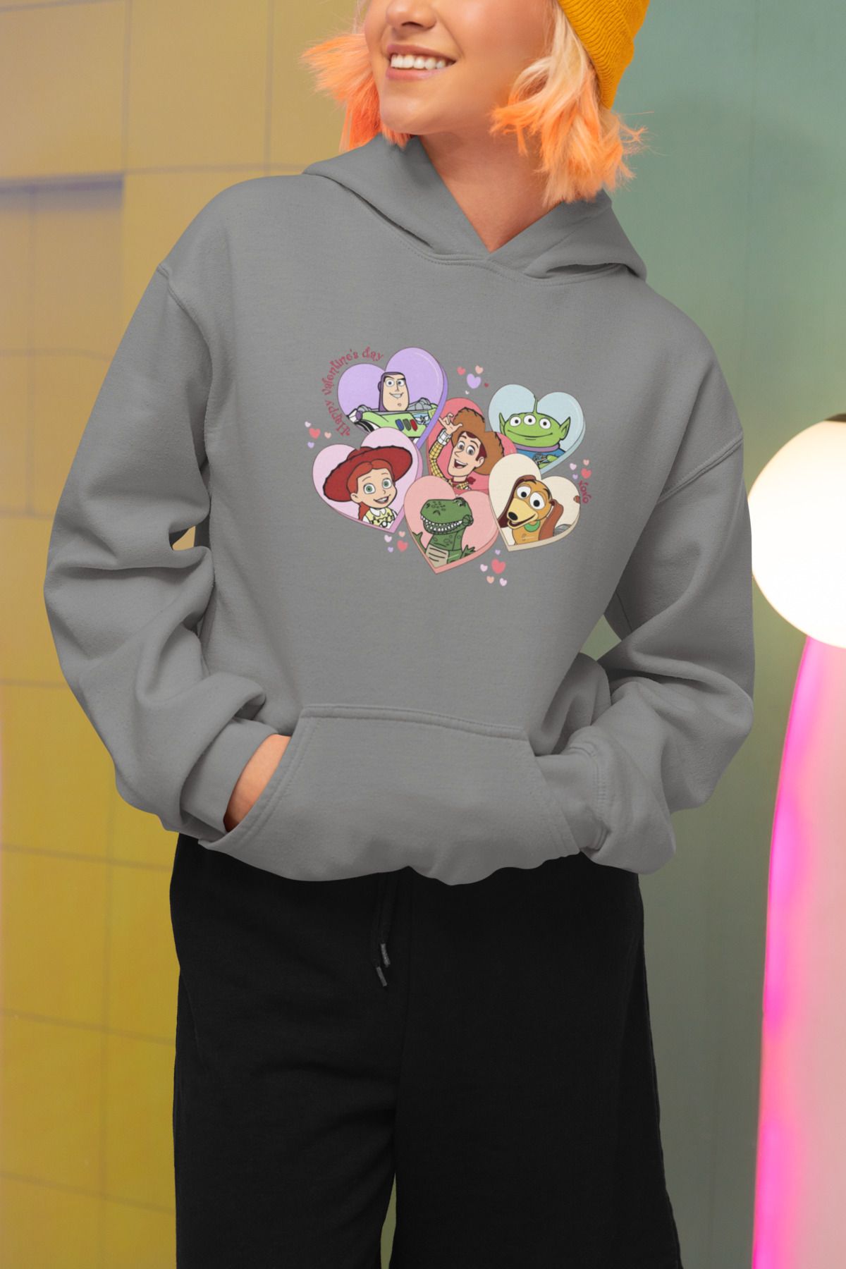 Alice Butik Kalpli Toy Story Oyuncak Hikayesi Ekip Baskılı Oversize Unisex Gri Sweatshirt Hoodie