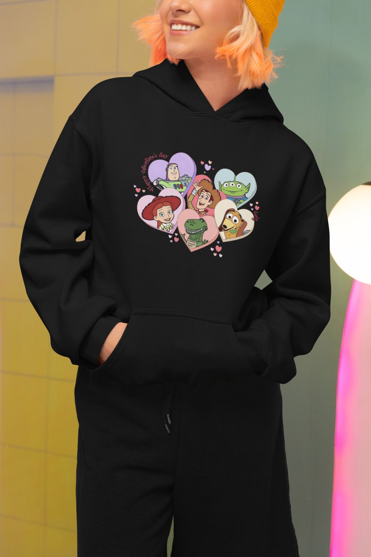 Alice Butik Kalpli Toy Story Oyuncak Hikayesi Ekip Baskılı Oversize Unisex Siyah Sweatshirt Hoodie