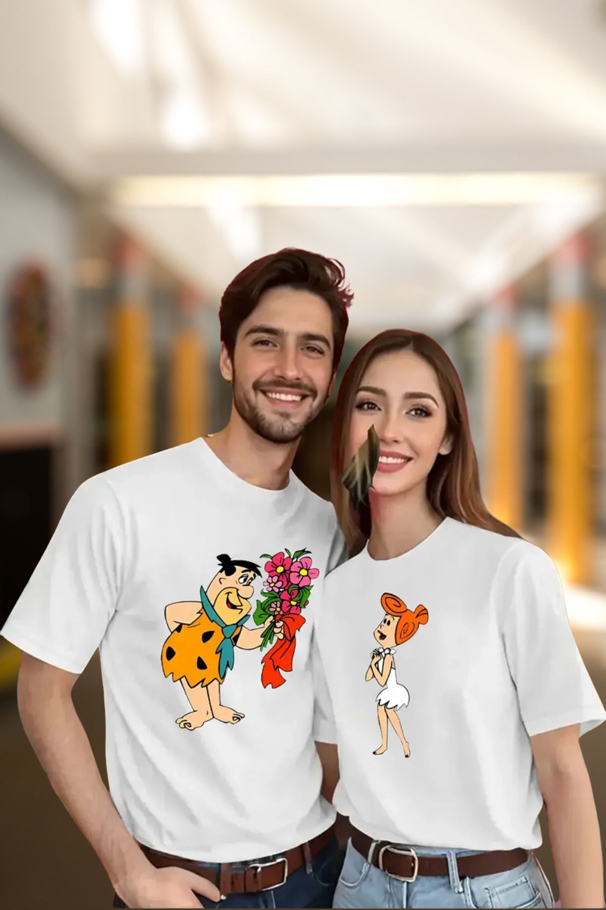 FECCY Pamuklu Çakmaktaş Temalı Sevgili Çift Kombini Unisex Siyah T- Shirt