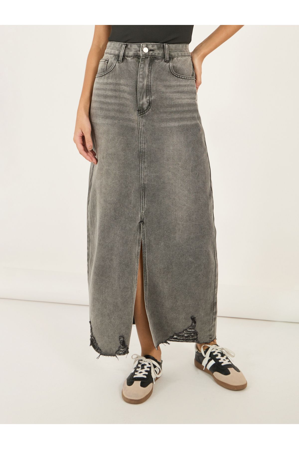 Styli-Ripped Hem Denim Maxi Skirt with Front Slit Detail 2