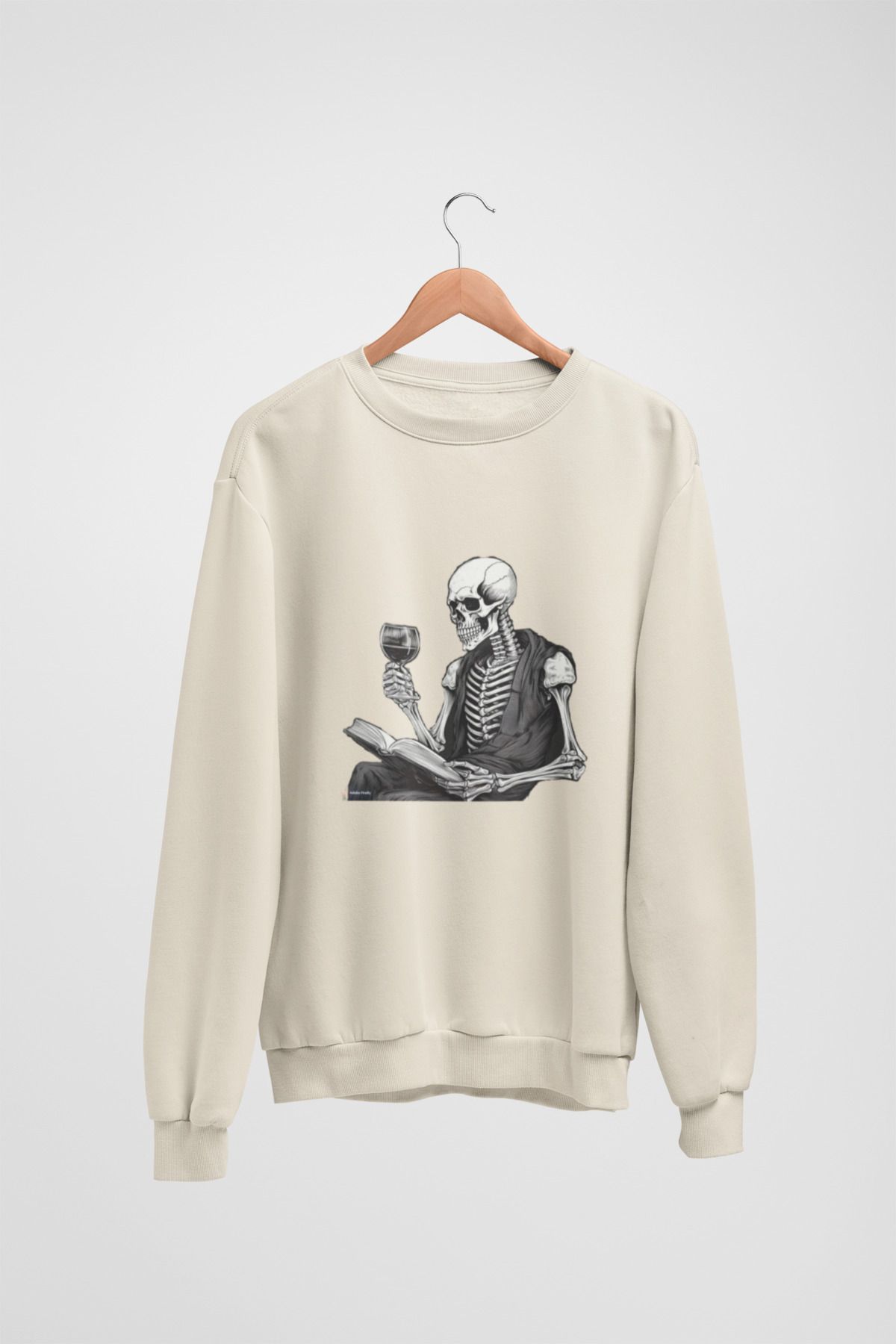 Butik Unisex Uzun Kol 2 İplik KİTAP OKUYAN İSKELET Transfer Baskılı Bisiklet Yakalı Sweatshirt