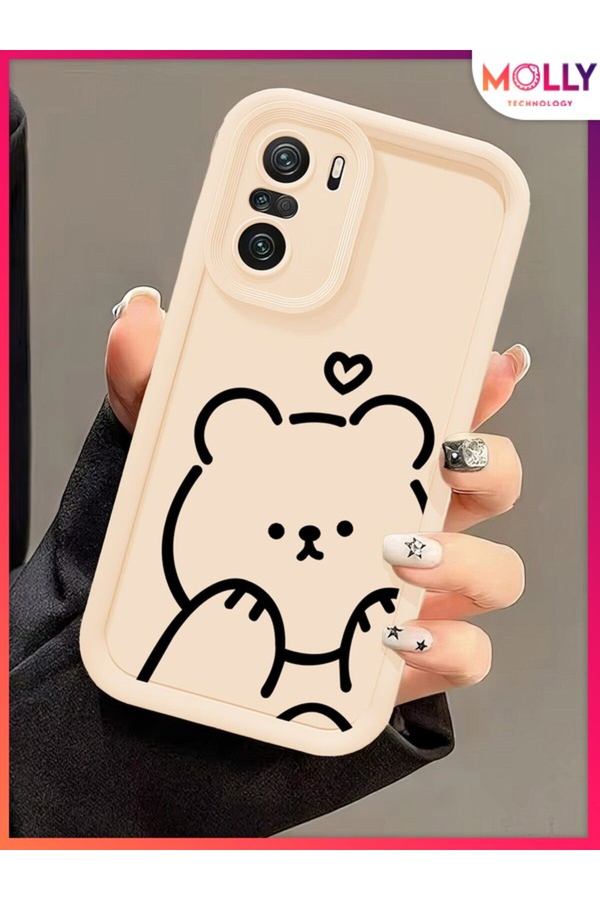 Molly Xiaomi Redmi NOTE 10S İçin Bej Cute Bear Desenli Kenarları Kalın Pan Silikon Kılıf