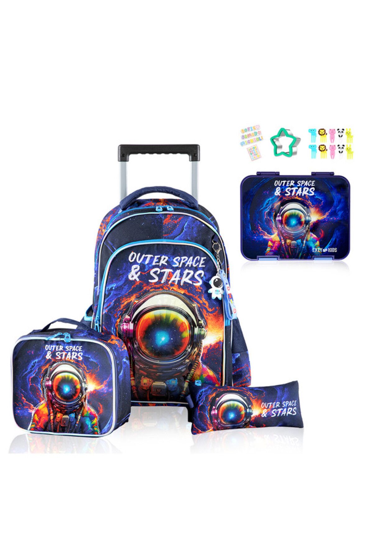 Eazy Kids-18Inch Set of 4 School & Lunch Bag wt Bento Lunch Box & Pencil Case - Outer Space Blue 1