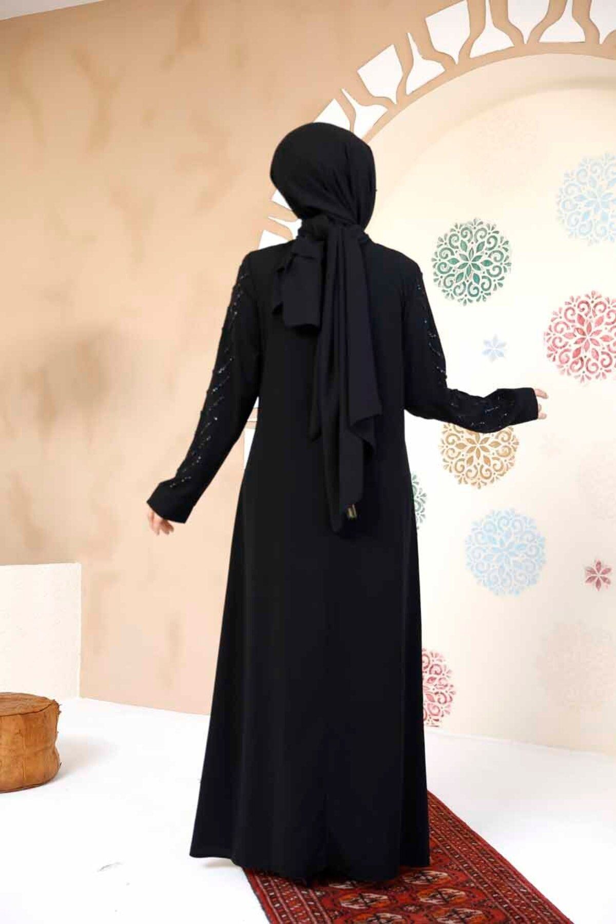 Neva Style-Bead Embroidered Black Hijab Abaya 29120S 5
