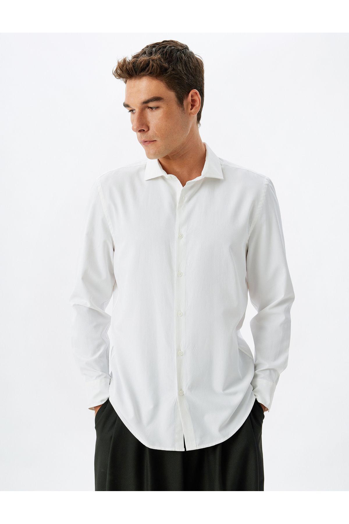 Koton-Long Sleeve Slim Fit Classic Shirt - Half Italian Neckline, Cotton Blend 3
