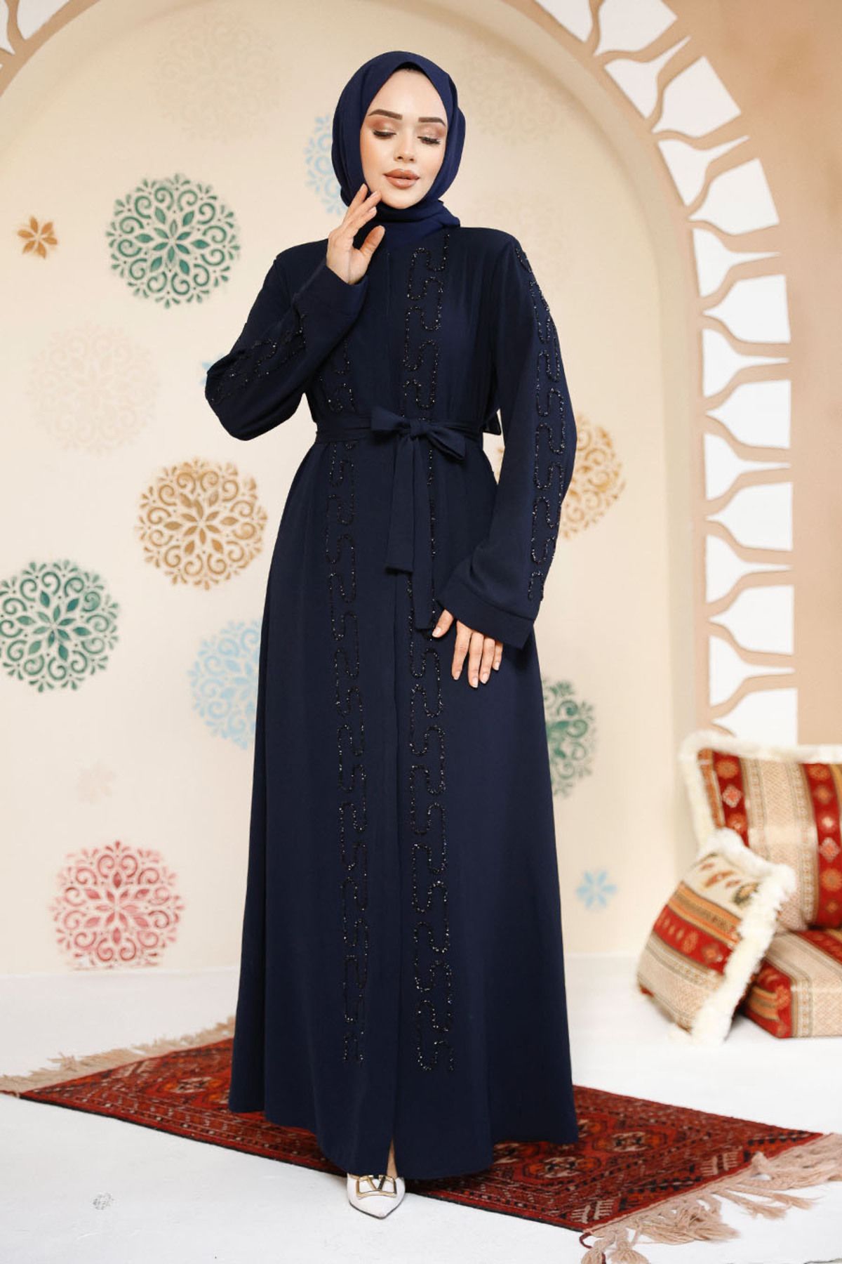 Neva Style-Bead Embroidered Navy Blue Hijab Abaya 29118L 4