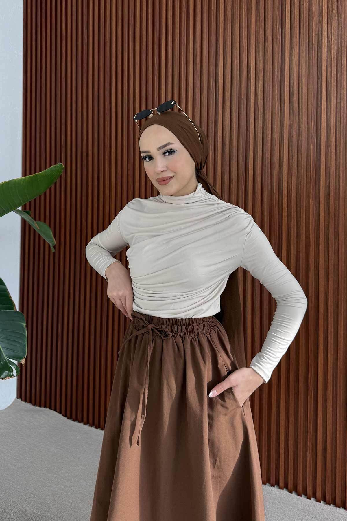 Melike Tatar-Brown Elastic Waist Skirt 3-2225 2
