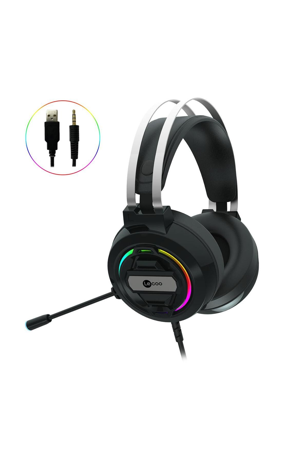 Lecoo Ht401 Kablolu 3.5mm Jack Usb Kulak Üstü Rgb Led Aydınlatmalı Gaming Kulaklık Siyah