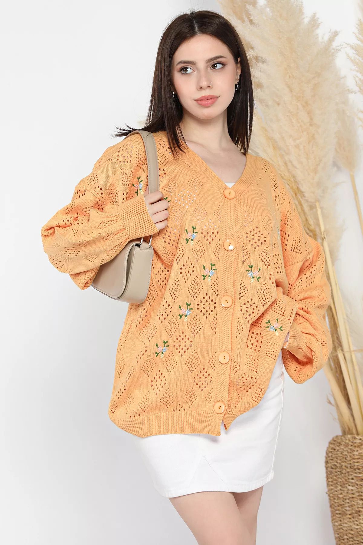 GÜLSELİ-Mustard Women's Front Buttoned Embroidered Knitwear Cardigan 2