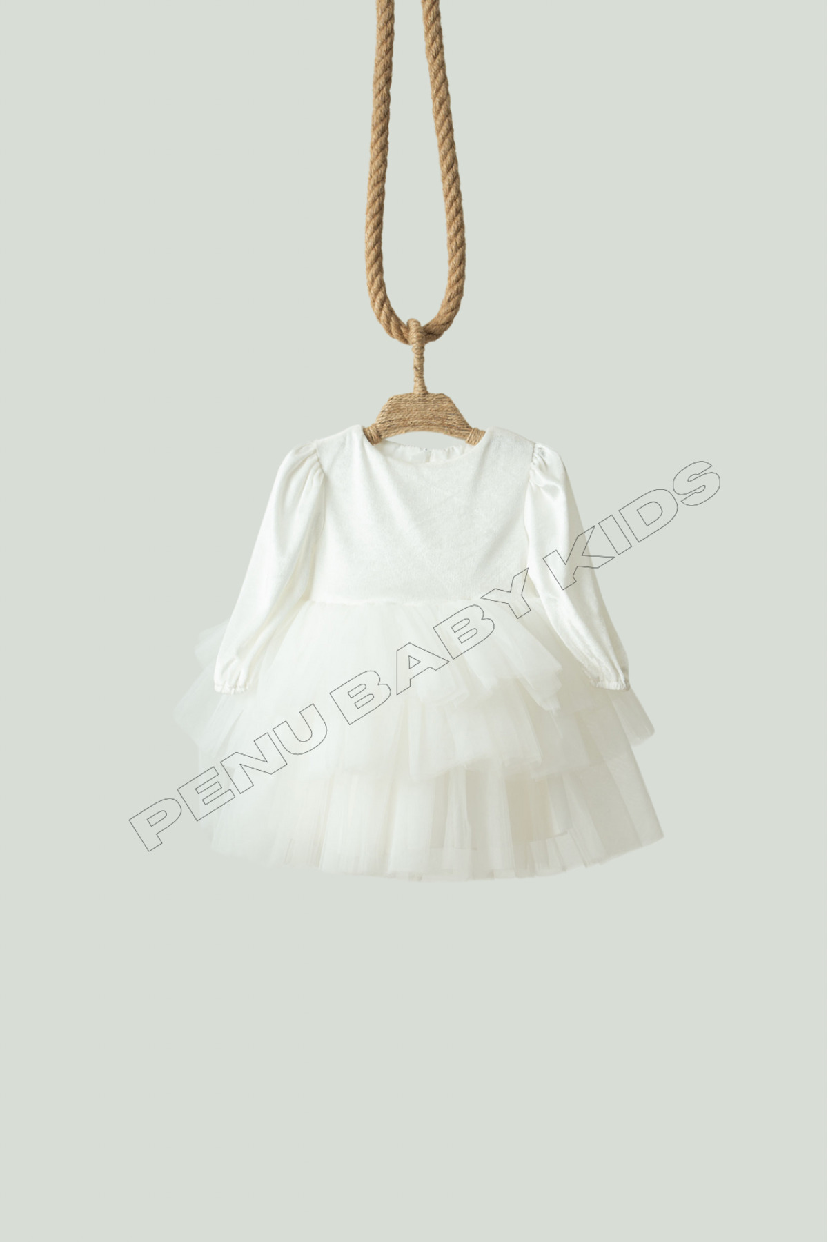 penu baby kids Ekru Kat Etekli Kadife Uzun Kollu Kız Bebek Kız Çocuk Elbise - Velvet fotoğrafı 6 (önizleme)