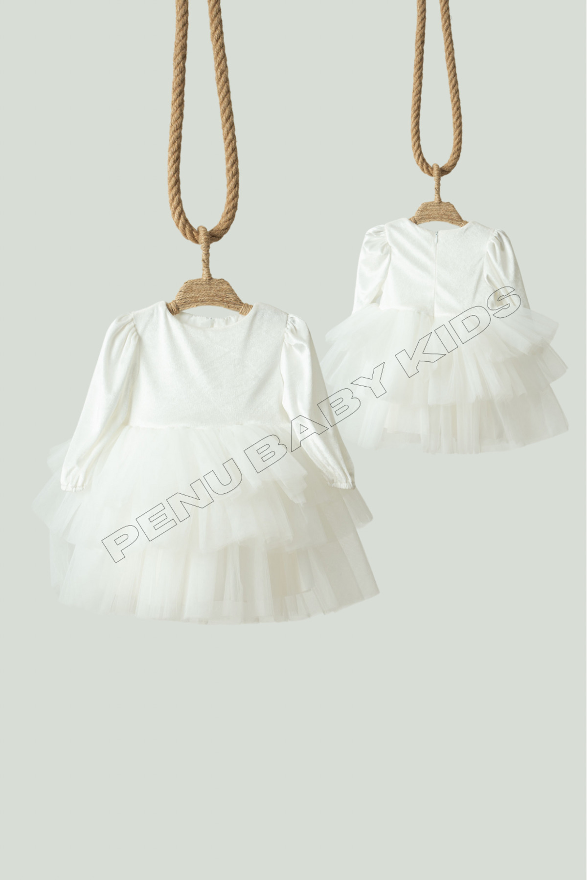 penu baby kids Ekru Kat Etekli Kadife Uzun Kollu Kız Bebek Kız Çocuk Elbise - Velvet fotoğrafı 5 (önizleme)