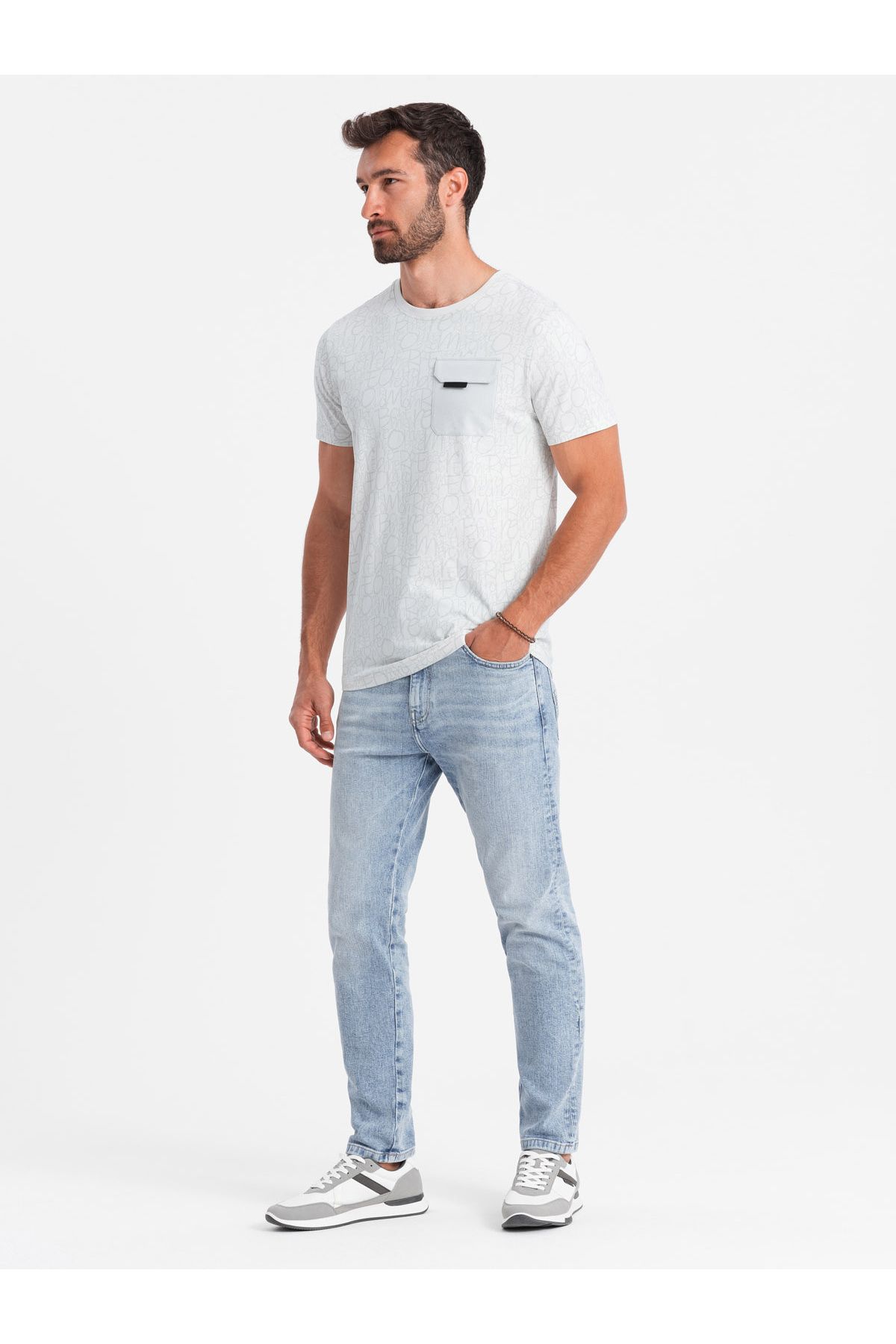 OMBRE-Men's cotton t-shirt with letter print and pocket - white-gray V3 OM-TSFP-0188 M 4