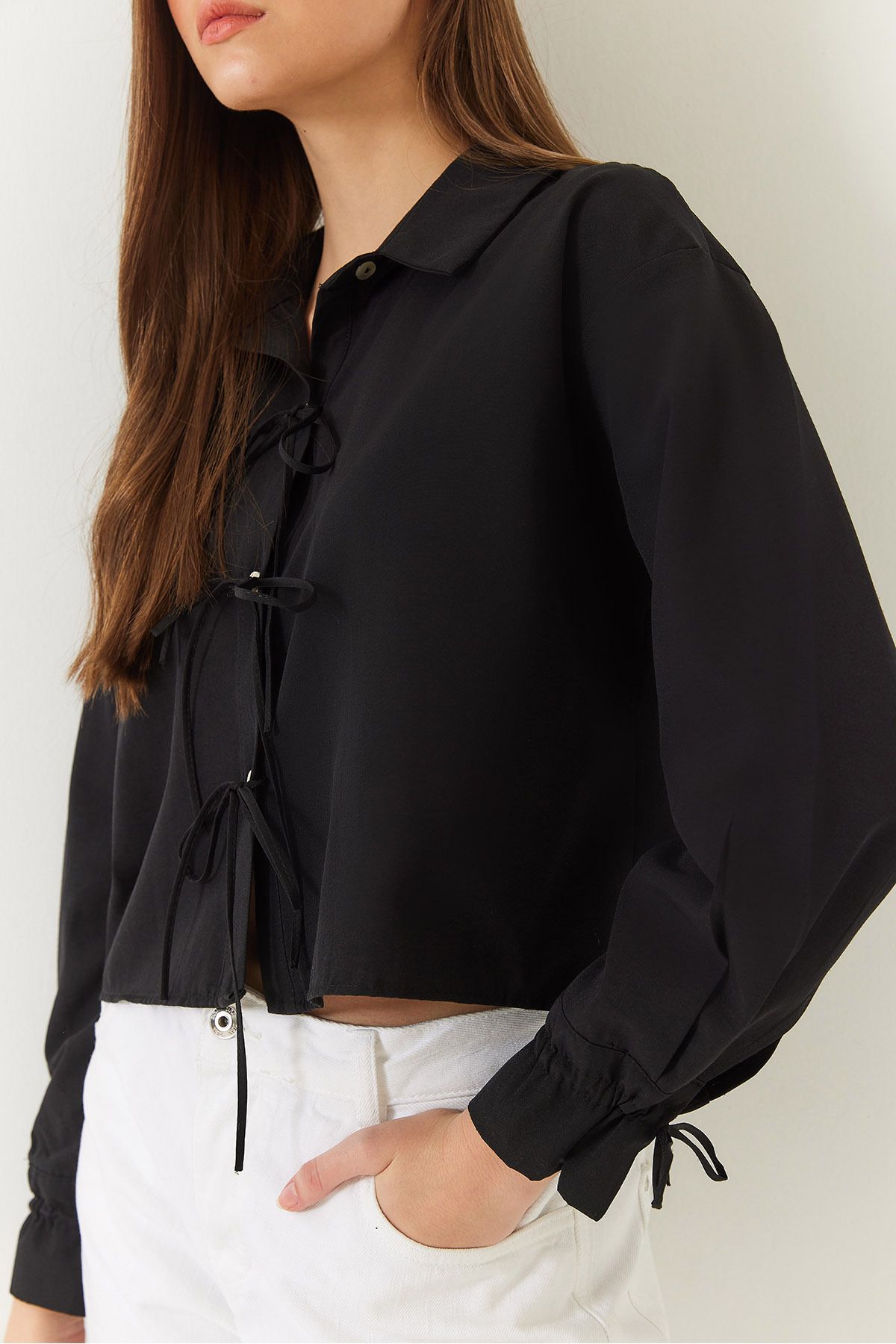 Bianco Lucci-Front and Sleeve Tie Detailed Crop Shirt 2022 60271070 4