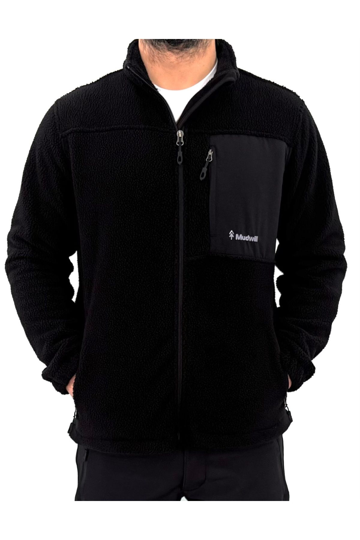 Mudwill-Black Full Zip Sherpa Men's Fleece Jacket 1