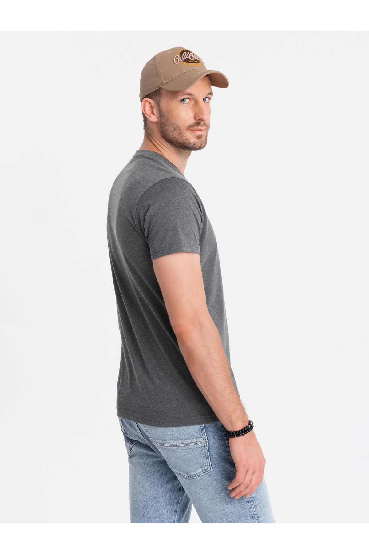 OMBRE-Ανδρικό t-shirt με στρογγυλή λαιμόκοψη henley - σκούρο γκρι V6 OM-TSCT-0155 L 7
