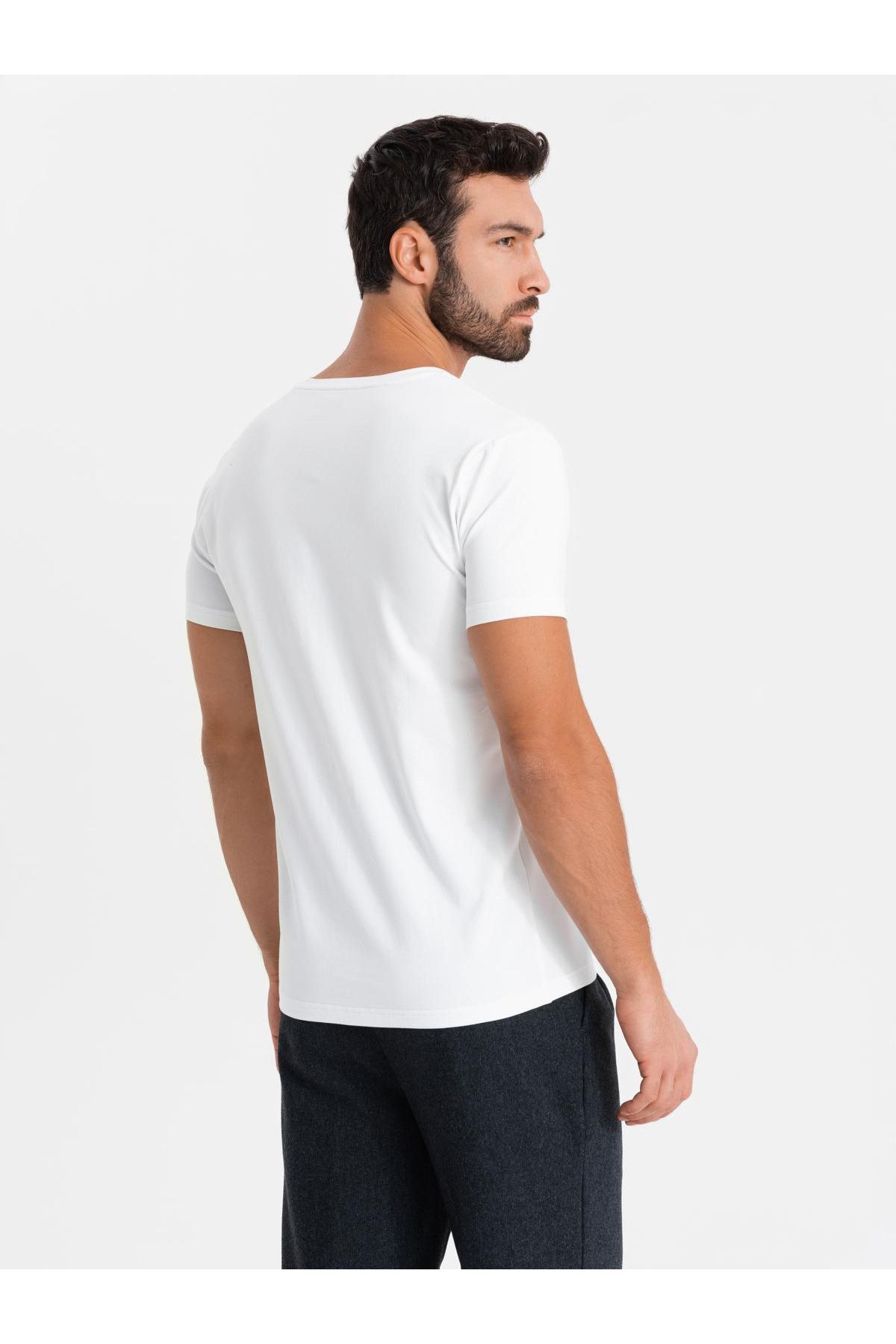 OMBRE-Ανδρικό μπλουζάκι με λαιμόκοψη SLIM FIT με ελαστάνη και στάμπα - λευκό V2 OM-TSBC-0221 XXL 6