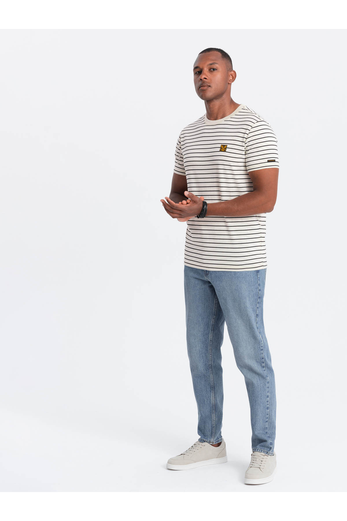 OMBRE-Men's striped t-shirt with patch by Ombre Design - cream and black V1 OM-TSCT-0183 S 5