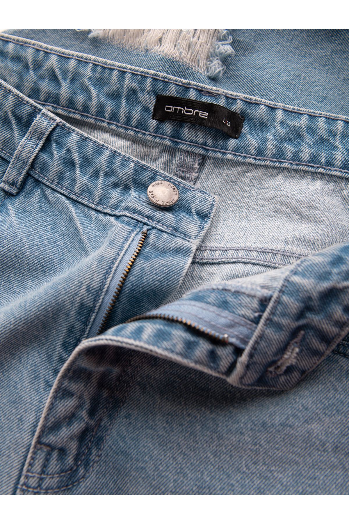 OMBRE-Ανδρικό τζιν παντελόνι TAPERED FIT με τρύπες - γαλάζιο V1 OM-PADP-0175 XXL 10