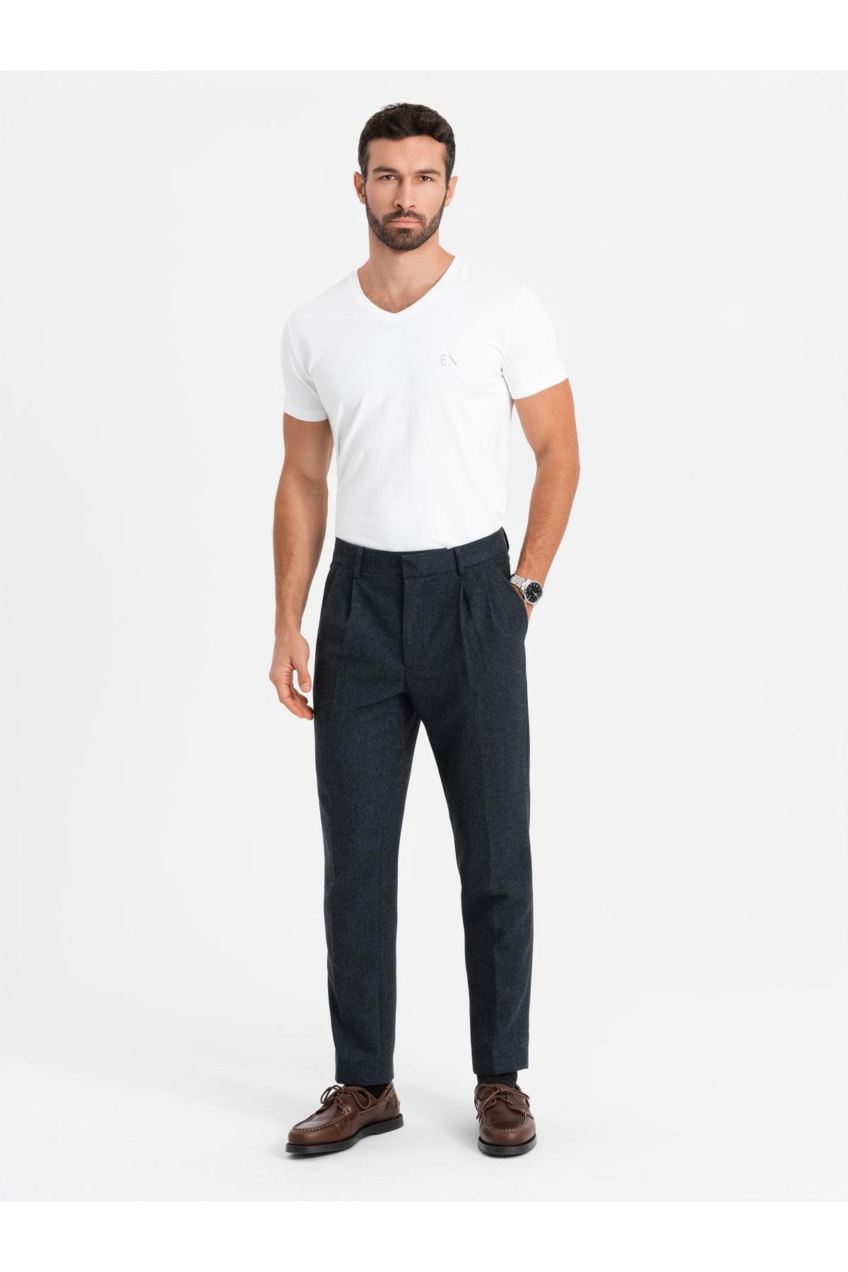 OMBRE-Ανδρικό μπλουζάκι με λαιμόκοψη SLIM FIT με ελαστάνη και στάμπα - λευκό V2 OM-TSBC-0221 XXL 4