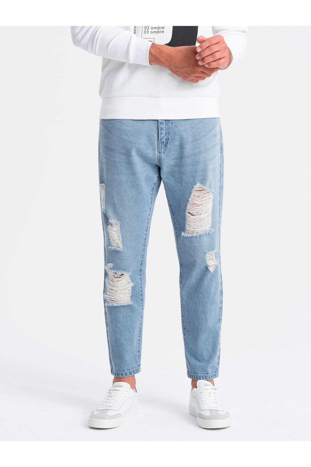 OMBRE-Ανδρικό τζιν παντελόνι TAPERED FIT με τρύπες - γαλάζιο V1 OM-PADP-0175 XXL 4