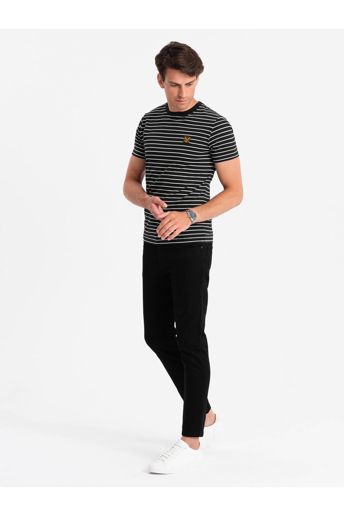 OMBRE-Ανδρικό ριγέ μπλουζάκι με patch της Ombre Design - ασπρόμαυρο V2 OM-TSCT-0183 XL 4