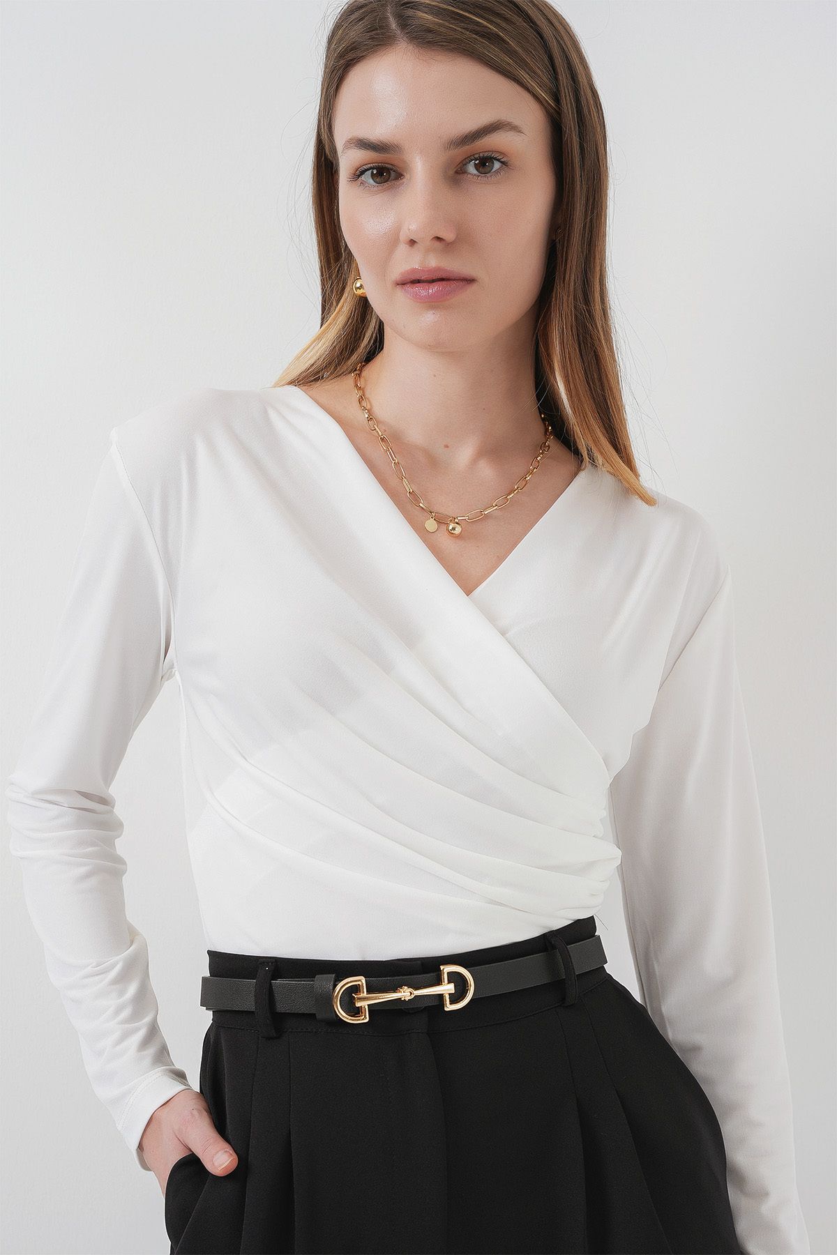 Bigdart-939 Wrap Collar Sandy Blouse - White 3