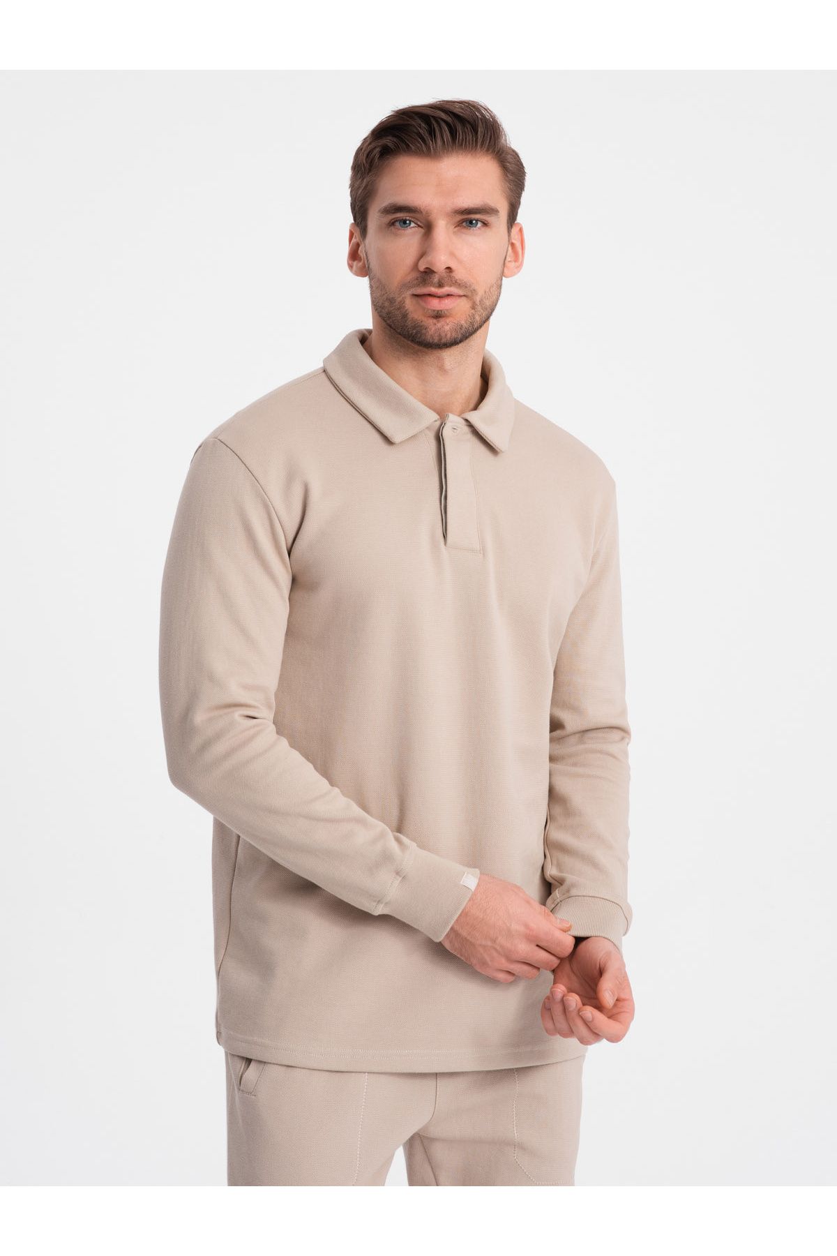 OMBRE-Herren Trainingsanzug Set Sweatshirt mit Polokragen + Hose - beige V2 Z71 XL 4