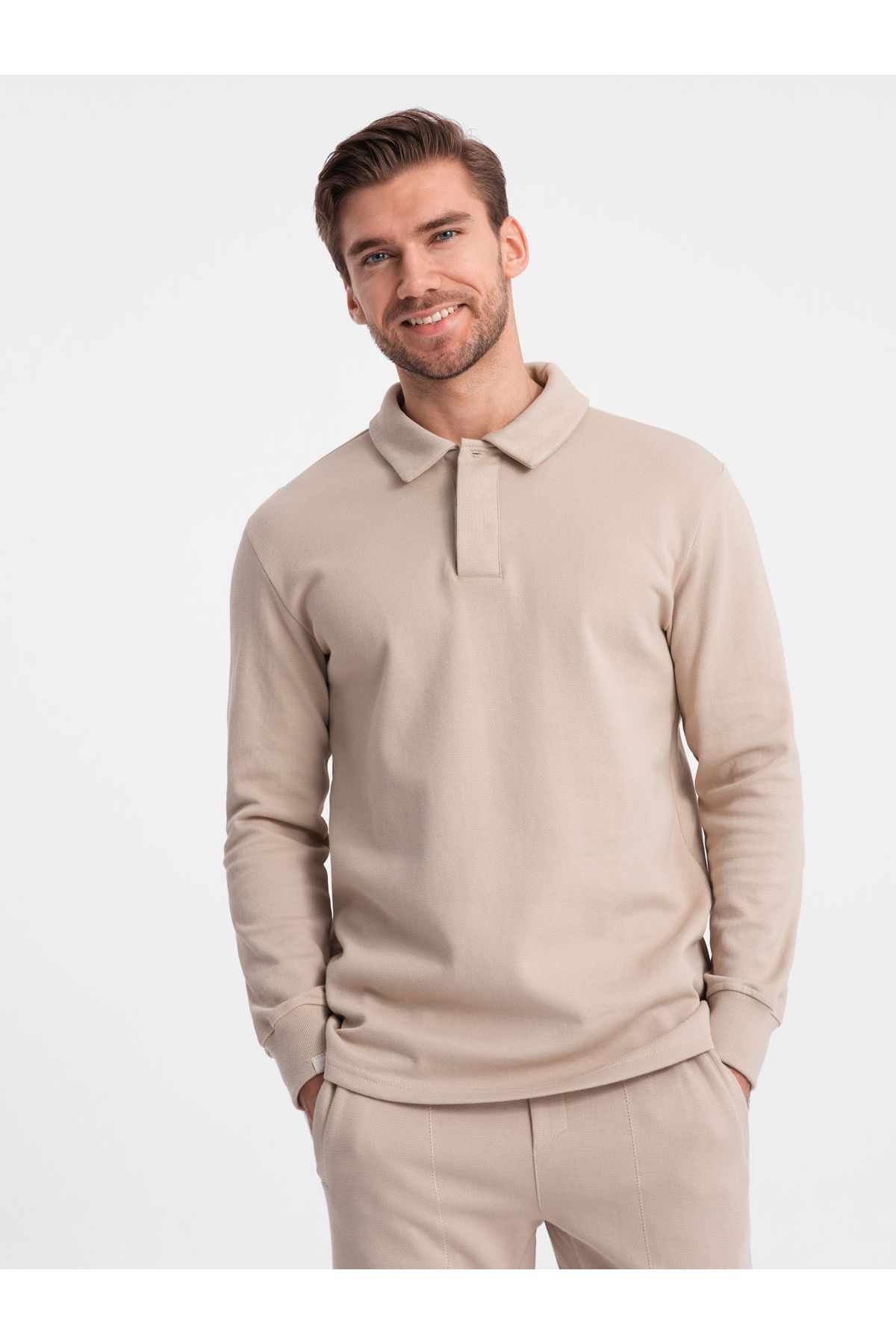 OMBRE-Herren Trainingsanzug Set Sweatshirt mit Polokragen + Hose - beige V2 Z71 XL 2