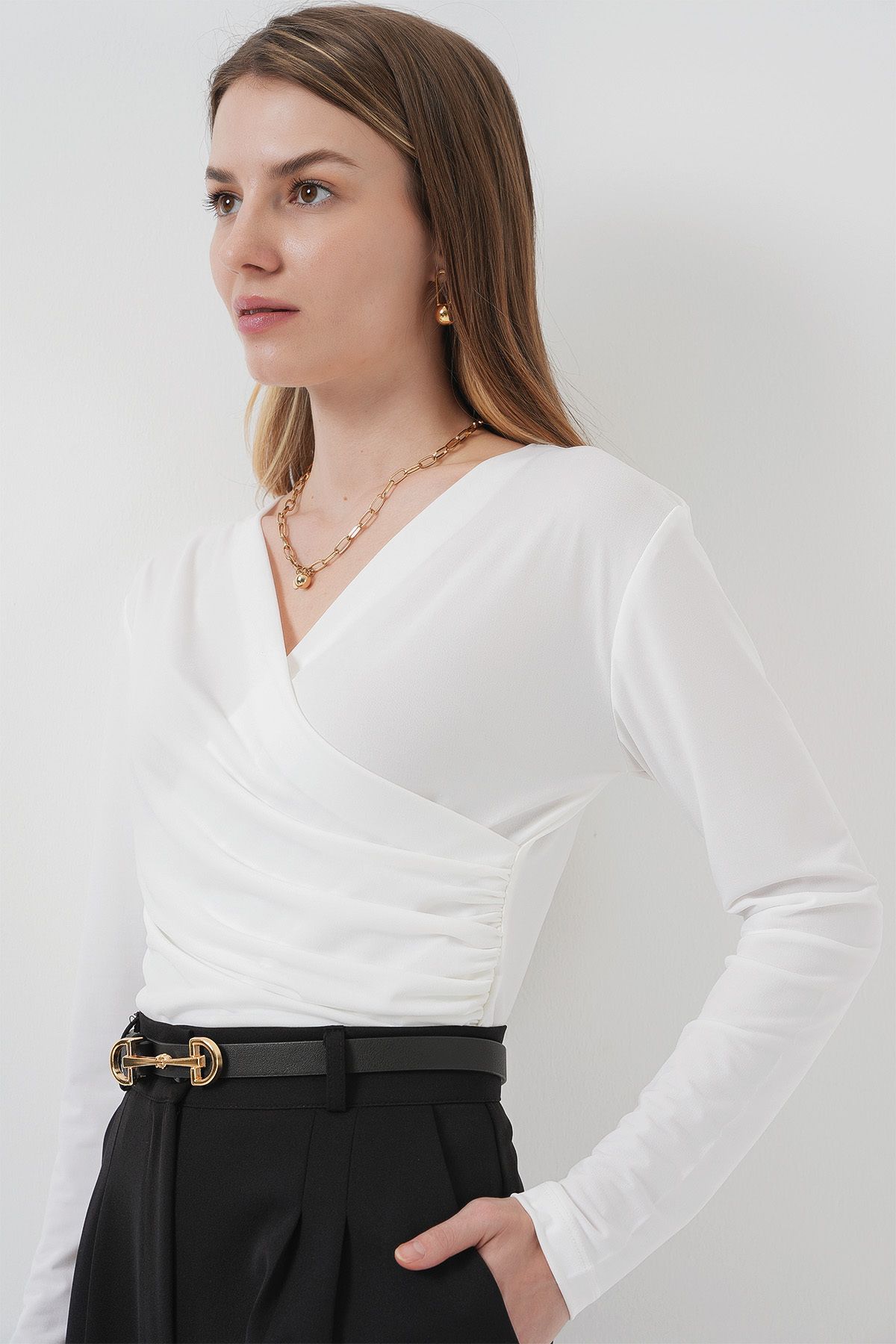 Bigdart-939 Wrap Collar Sandy Blouse - White 4