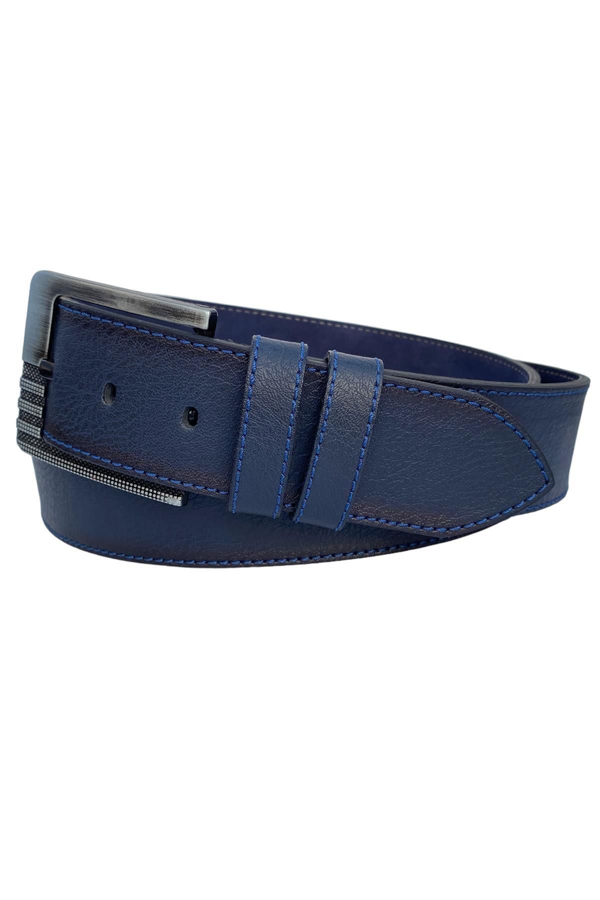 S.S SÜZER DERİ-Navy Blue Faux Leather Blue Stitched Model 4.5 cm Unisex Sports Belt 4